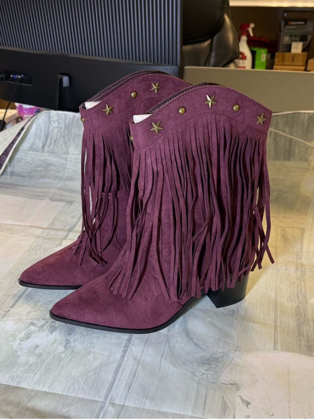 NEWBELLA Cowboy Fringe Wide Mid Calf Boots for Women- Size 10 Burgundy Suede
